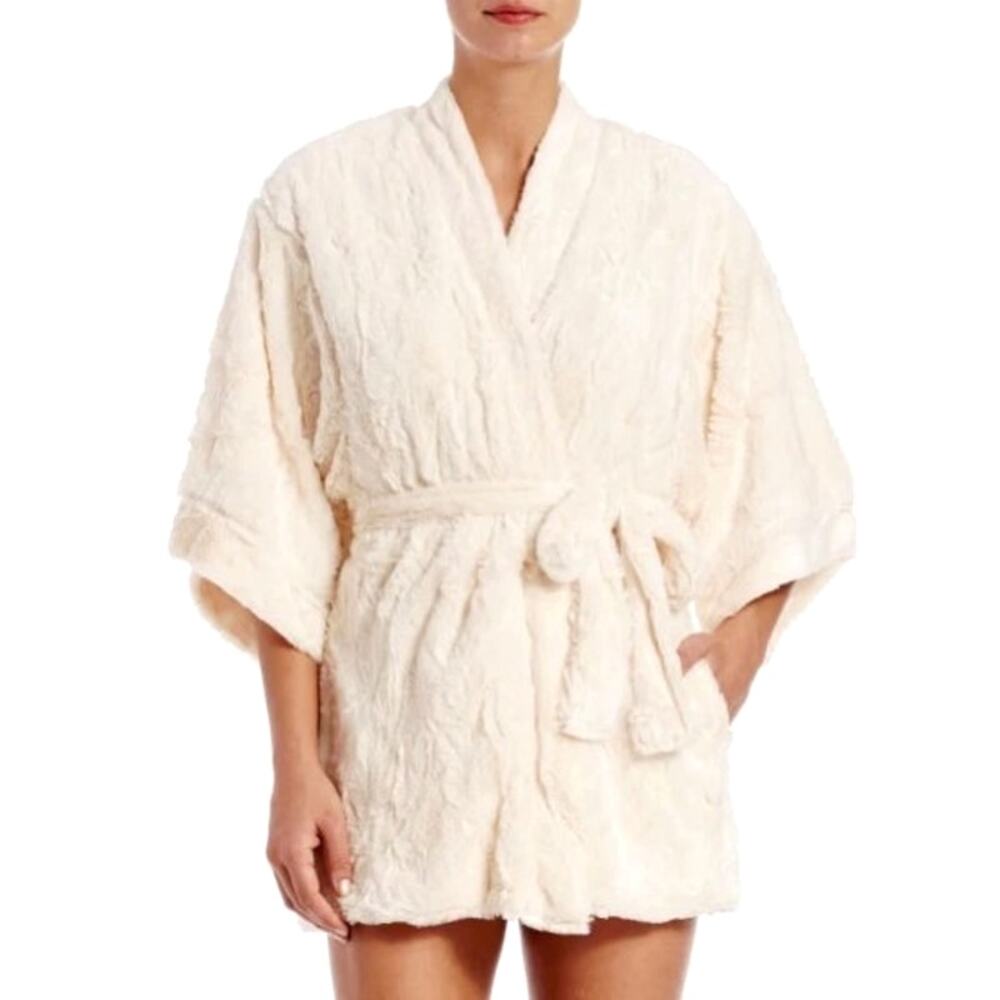 NATORI Faux Fur Short Wrap Robe Size Large Kimono Sleeves Ivory Cozy Plush Luxe